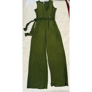 NY Collection Women's Olive Green Sleeveless Wrap Jumpsuit with Belt Size P/S